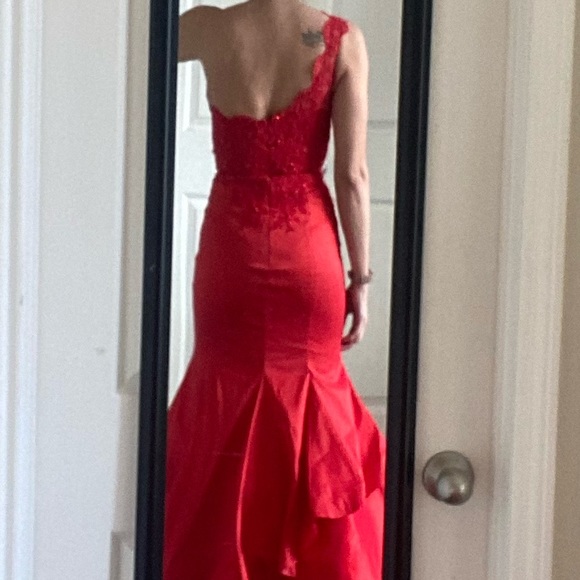 Mori Lee rhinestone beaded lace one shoulder formal prom mermaid dress gown. - Picture 5 of 9